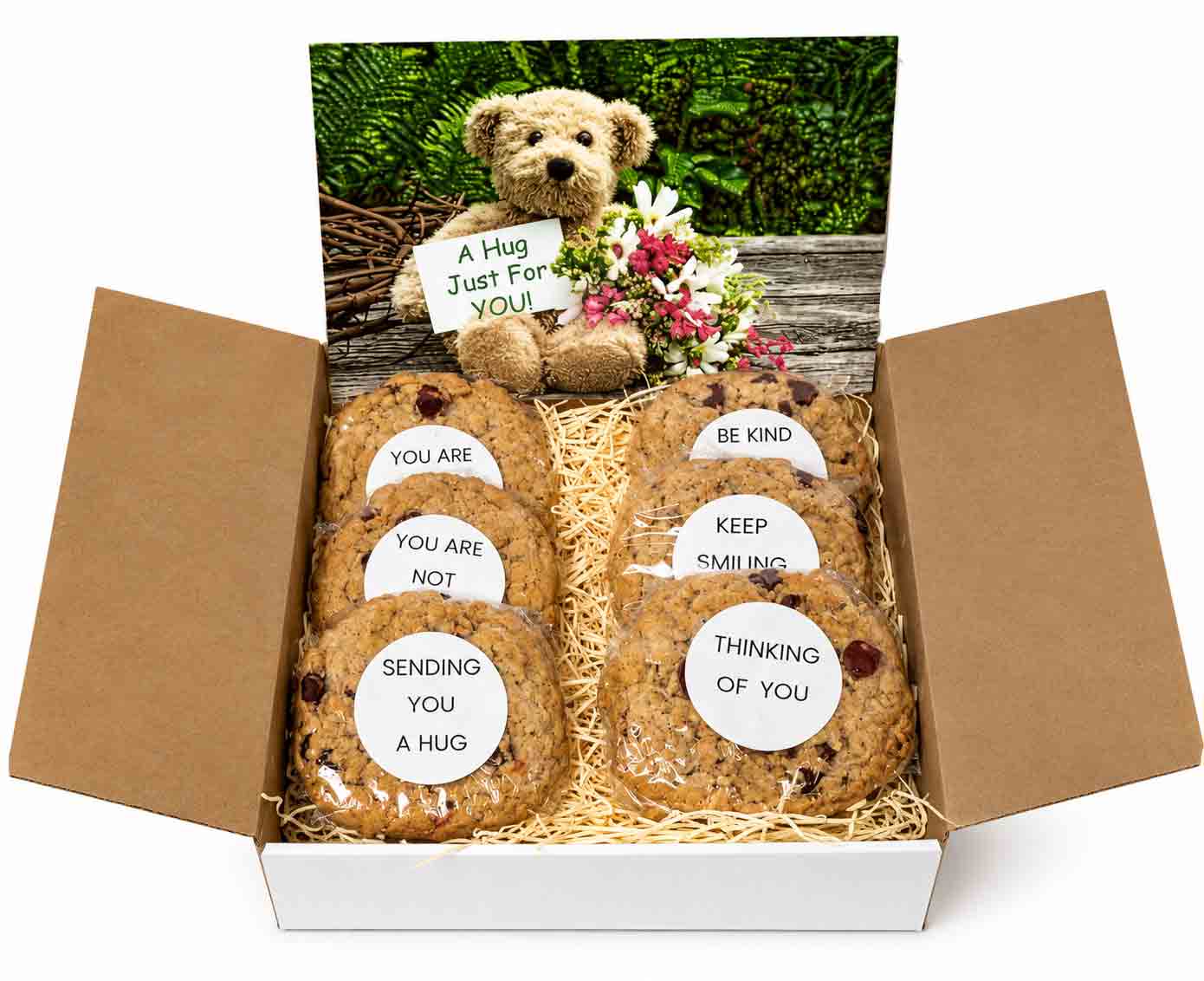 Bear Hug Cookie Gift Box 1 A gift box filled with gourmet cookies with inspirational messages and a large gift card that says A Hug Just for You