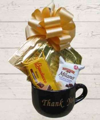 Black Thank You Mug filled with cocoa, coffee & cookies