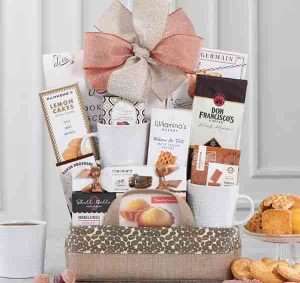 Coffee gift basket filled with coffees and snacks