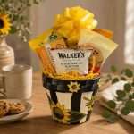 Sunflower Gift Pot | Small Thinking of You, Thank You & Just Because Gift 2 Small sunflower gift pot filled with gourmet cookies and sweet treats in a reusable hand-painted ceramic sunflower planter with yellow ribbon.