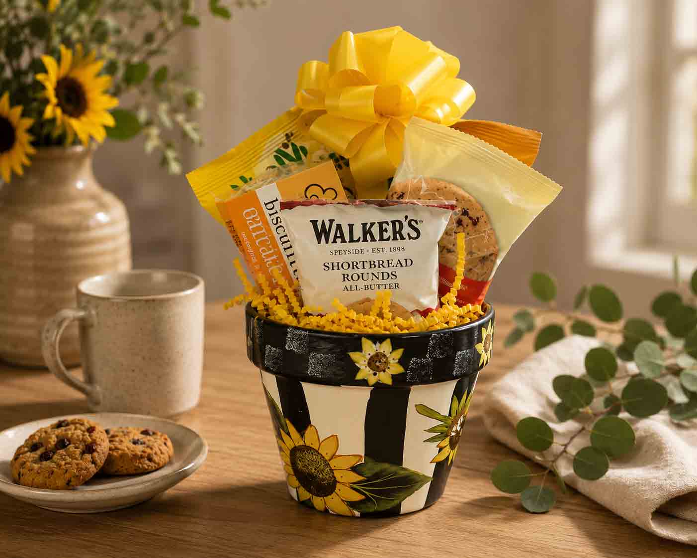 Sunflower Gift Pot | Small Thinking of You, Thank You & Just Because Gift 1 Small sunflower gift pot filled with gourmet cookies and sweet treats in a reusable hand-painted ceramic sunflower planter with yellow ribbon.