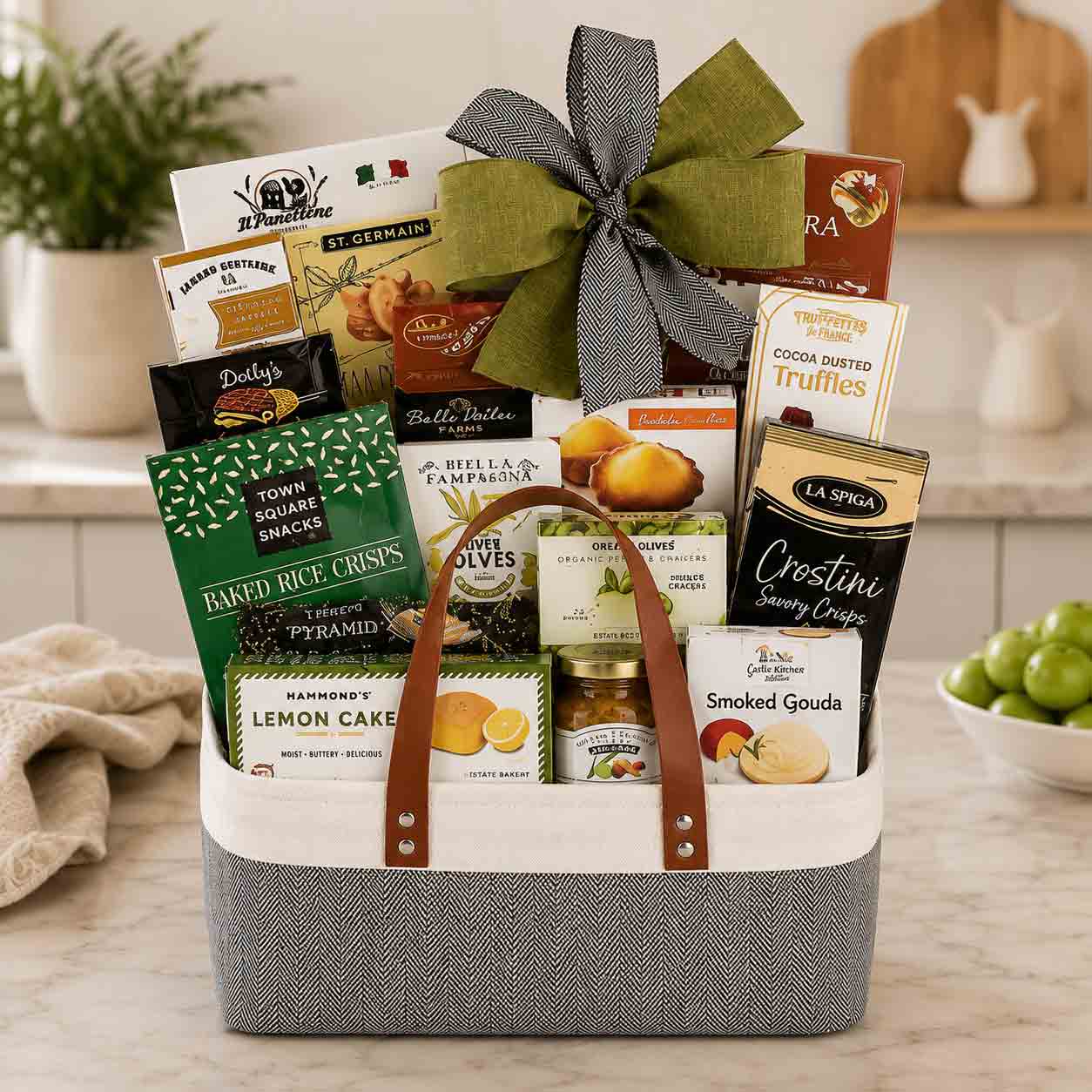 Gourmet Gift Basket in Reusable Canvas Tote 1 Gourmet gift basket filled with gourmet foods for any occasion