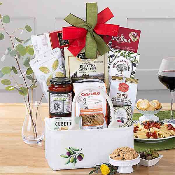 Italian Gourmet Gift Basket – Housewarming & Thank You 1 Tote filled with an abundance of pasta, sauces, and Italian treats