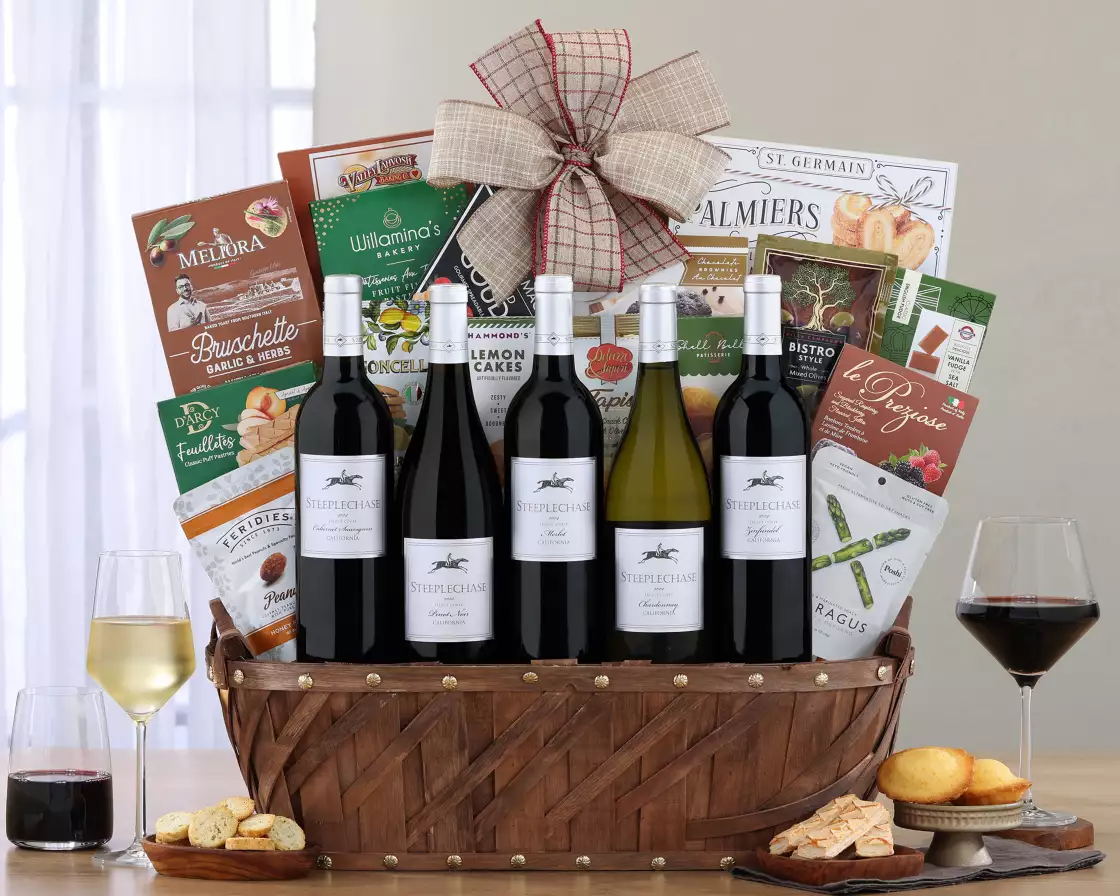 Wine and Gourmet Gift Basket – Celebration & Thank You 1 wine gift basket with 5 bottles of wine plus accompanying treats
