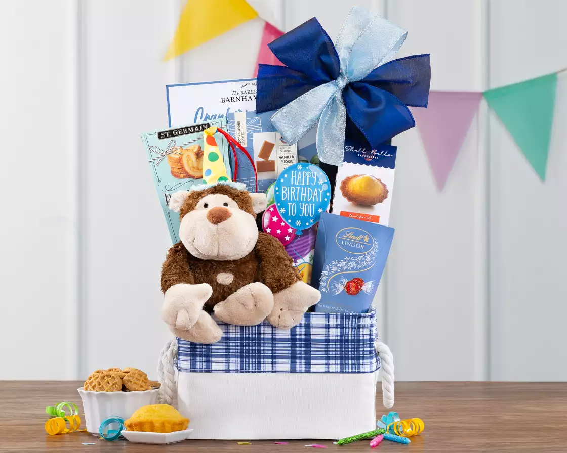 Happy Birthday Gift Basket with Plush Monkey 1 Birthday Gift basket with cute monkey and snacks