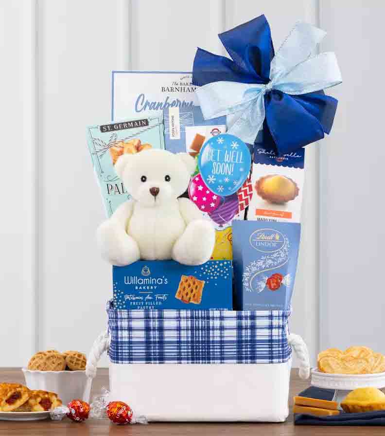 Get Well Gift Basket with Plush Bear & Sweets 1 get well gift basket with teddy bear and treats
