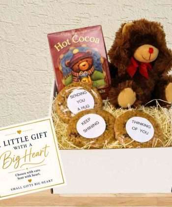 Teddy bear gift with cocoa and cookies with inspirational messages and A Little Gift --Big Heart gift card
