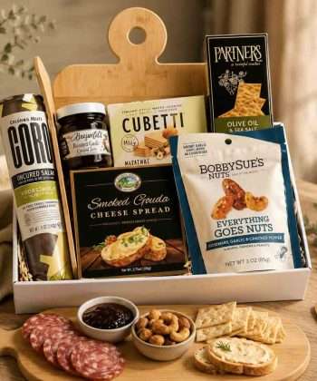 bamboo cutting board with gourmet foods