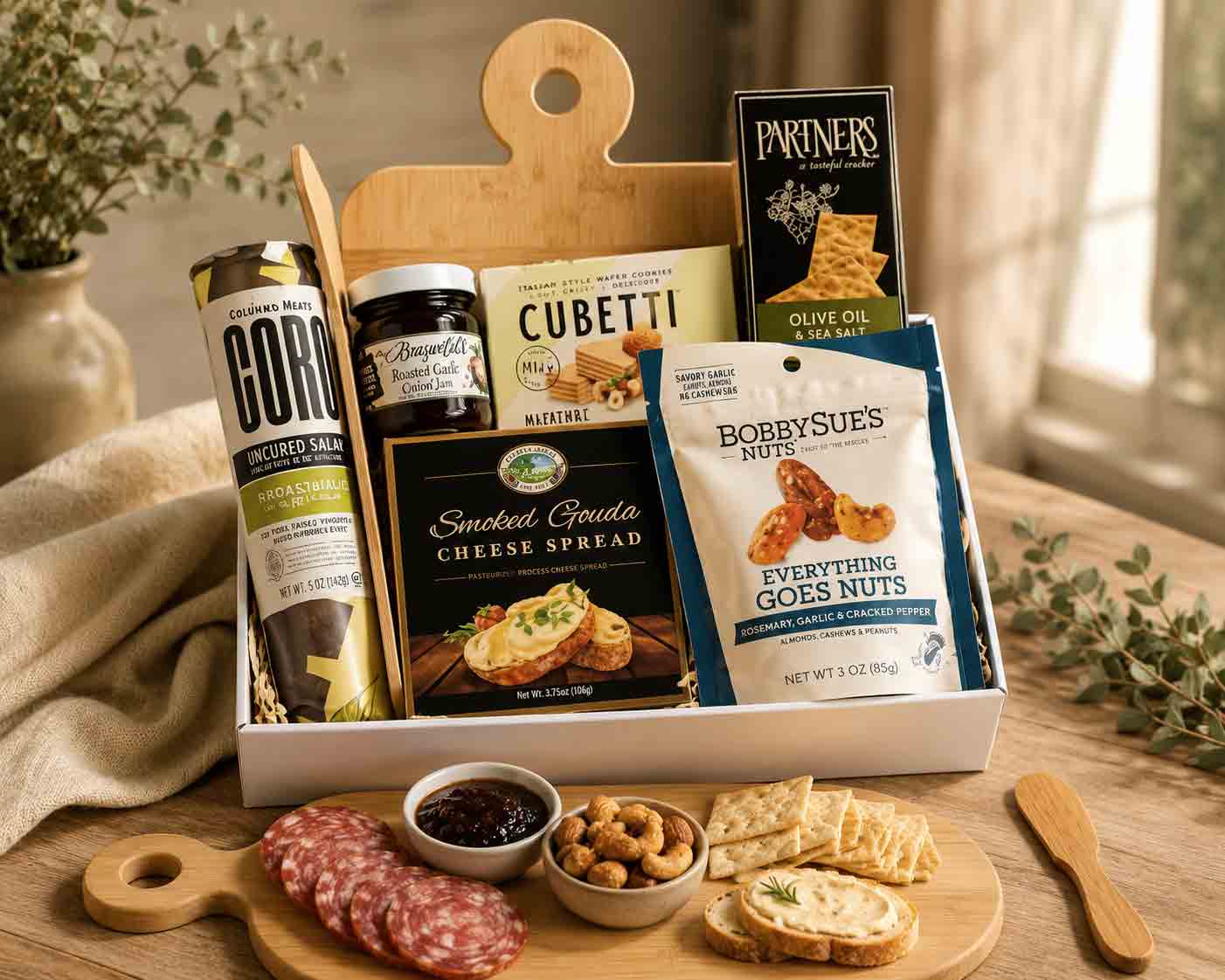 Charcuterie Gift Box with Bamboo Serving Board 1 bamboo cutting board with gourmet foods