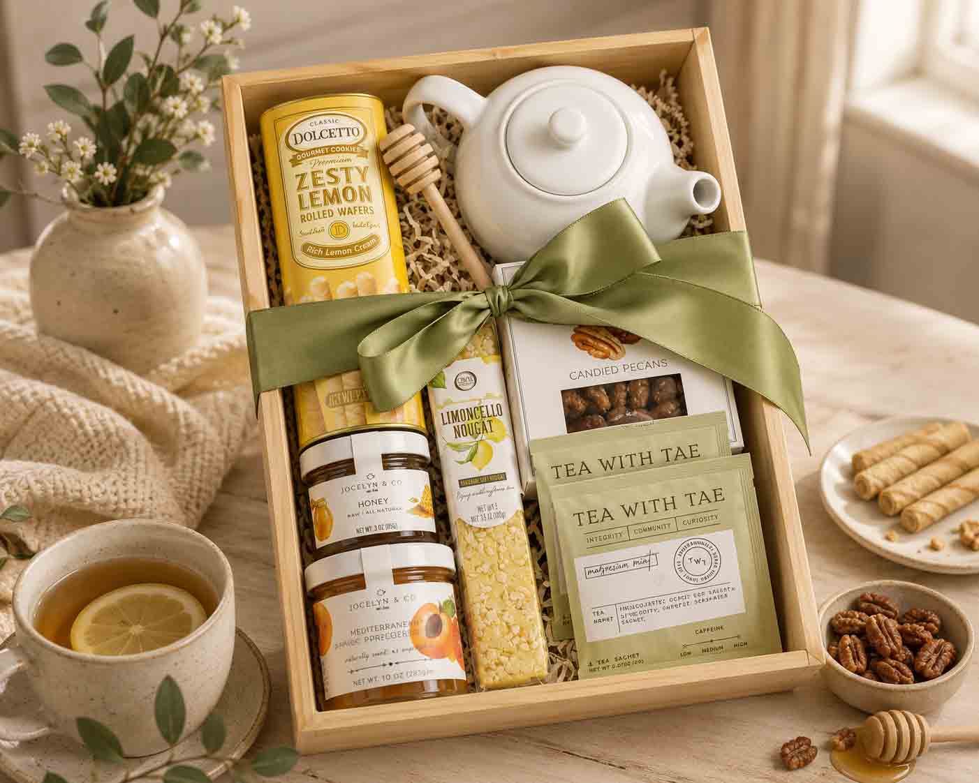 Tea Gift Box with Ceramic Teapot 1 Tea gift box with ceramic teapot, premium tea, raw honey, lemon cookies, artisan preserves and wooden keepsake gift box.