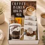 gift box with coffees, mug, snacks, and gift card that says "Coffee is Like a Hug in a Mug"