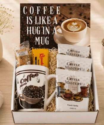 gift box with coffees, mug, snacks, and gift card that says "Coffee is Like a Hug in a Mug"