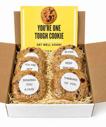 gift box with gourmet cookies with inspirational message and large card that says "You're One Tough Cookie"