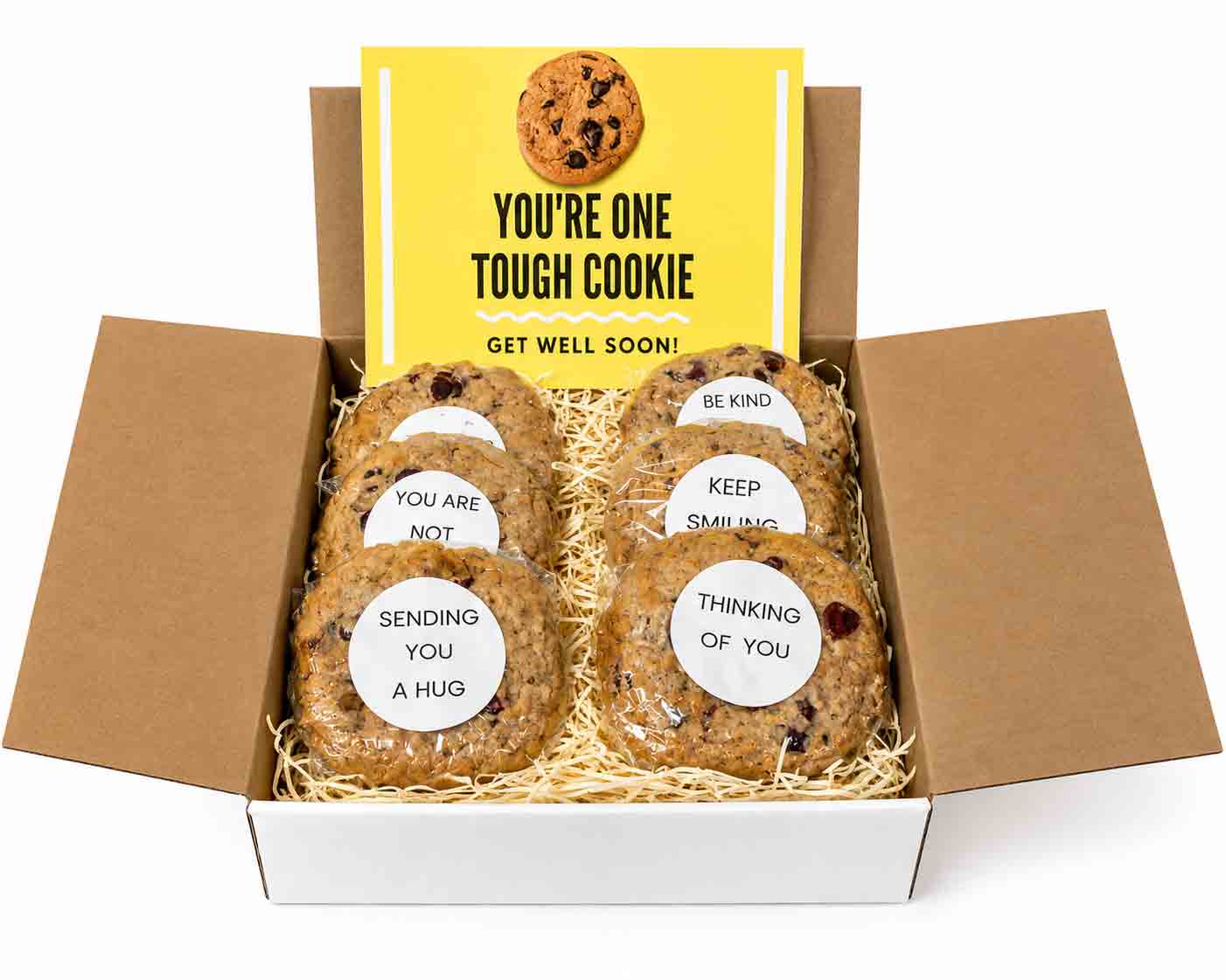 One Tough Cookie Get Well Gift Box - Encouragement Gift Box 1 gift box with gourmet cookies with inspirational message and large card that says "You're One Tough Cookie"