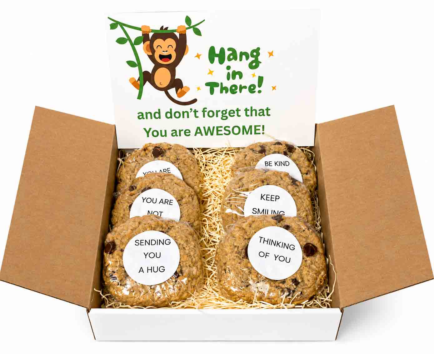 Hang In There Cookie Gift Box 1 Hang in There Cookie Gift Box with cookies with inspirational messages plus large humerous gift card
