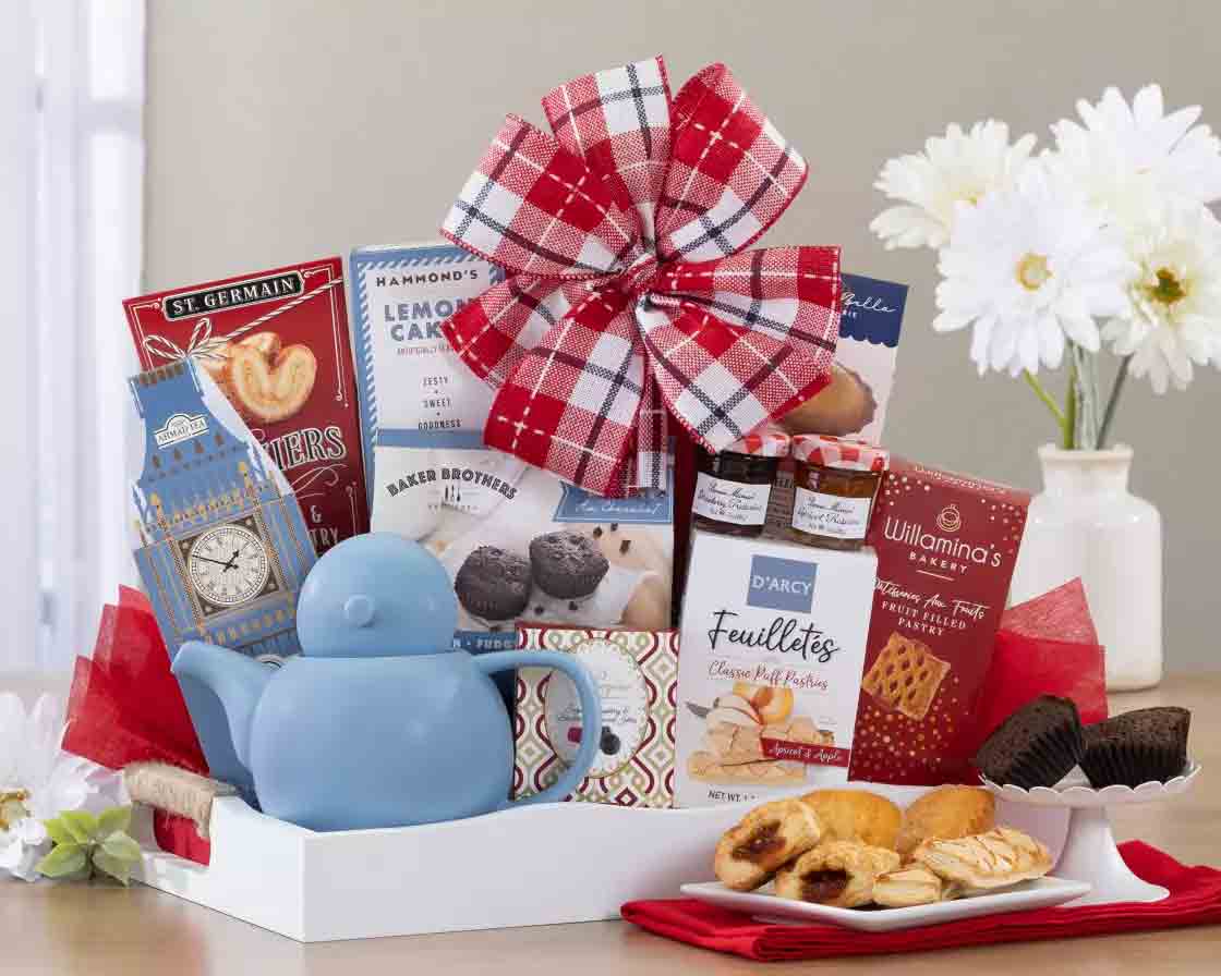 Tea and Bakery Gift Basket with Ceramic Teapot 1 Wooden tray with ceramic teapot, teas, and assorted goodies