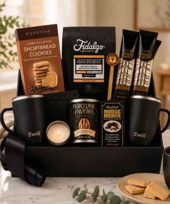 A luxury coffee gift basket with mugs and gourmet foods