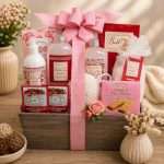 White Tea and Ginger spa gift basket with bath products, herbal tea, shortbread cookies, bath puff, and reusable wooden crate