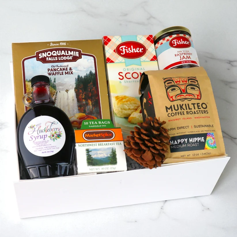 Northwest Breakfast Gift Box with Coffee, Tea & Pancake Mix 1 White gift box filled with gourmet breakfast foods and beverages