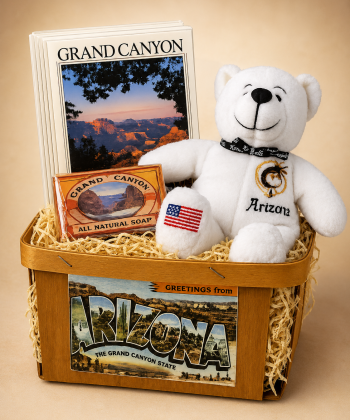 Gran Canyon Arizona gift basket with note cards, soap, and teddy bear