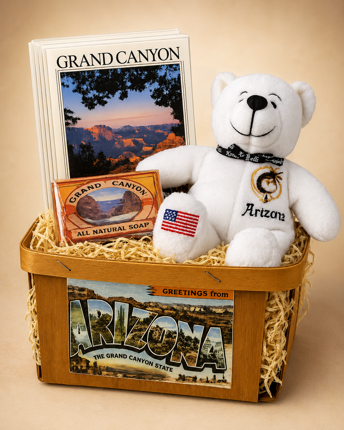 Grand Canyon Gift Basket with Arizona Teddy Bear, Scenic Notecards & Handmade Soap 1 Gran Canyon Arizona gift basket with note cards, soap, and teddy bear