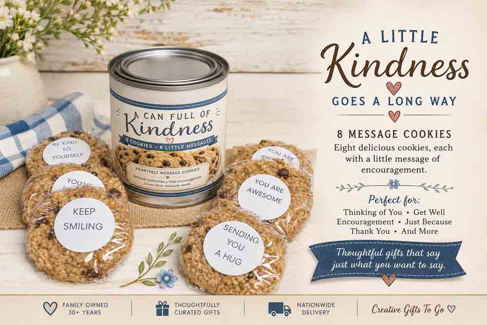 A Can Full of Kindness – 8 Chocolate Chip Message Cookies 1 Kindness cookies in a can with encouraging messages