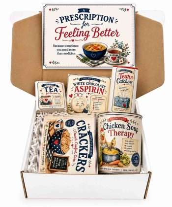 Gift box filled with soup, crackers, teas, white chocolate aspirin, and tissues to make anyone feel better