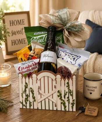 Welcome home gift basket with sparkling cider and snacks in picket fence gift box